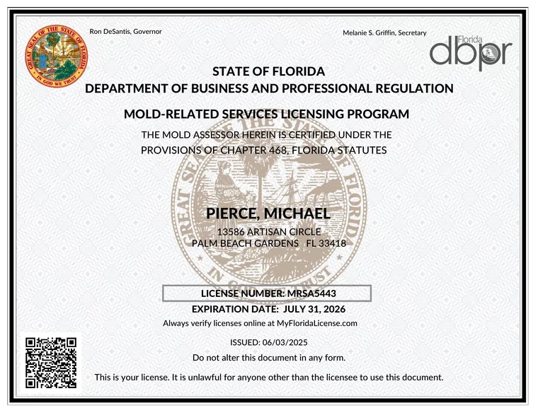 Florida Department of Business and Professional Regulation mold license issued to Mike Pierce