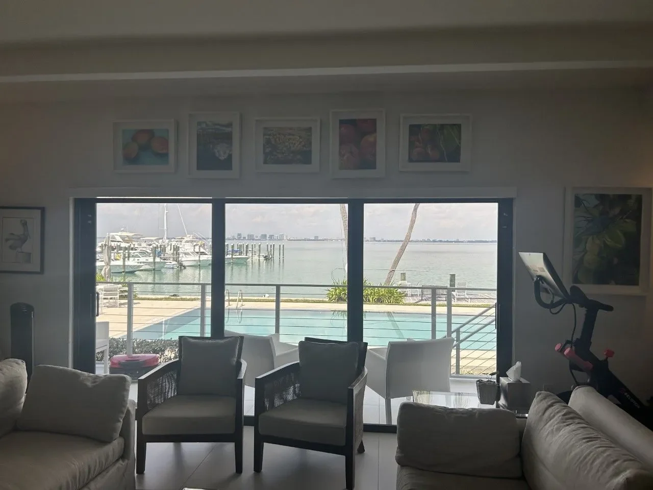 Waterfront living room set up ahead of a whole-home treatment