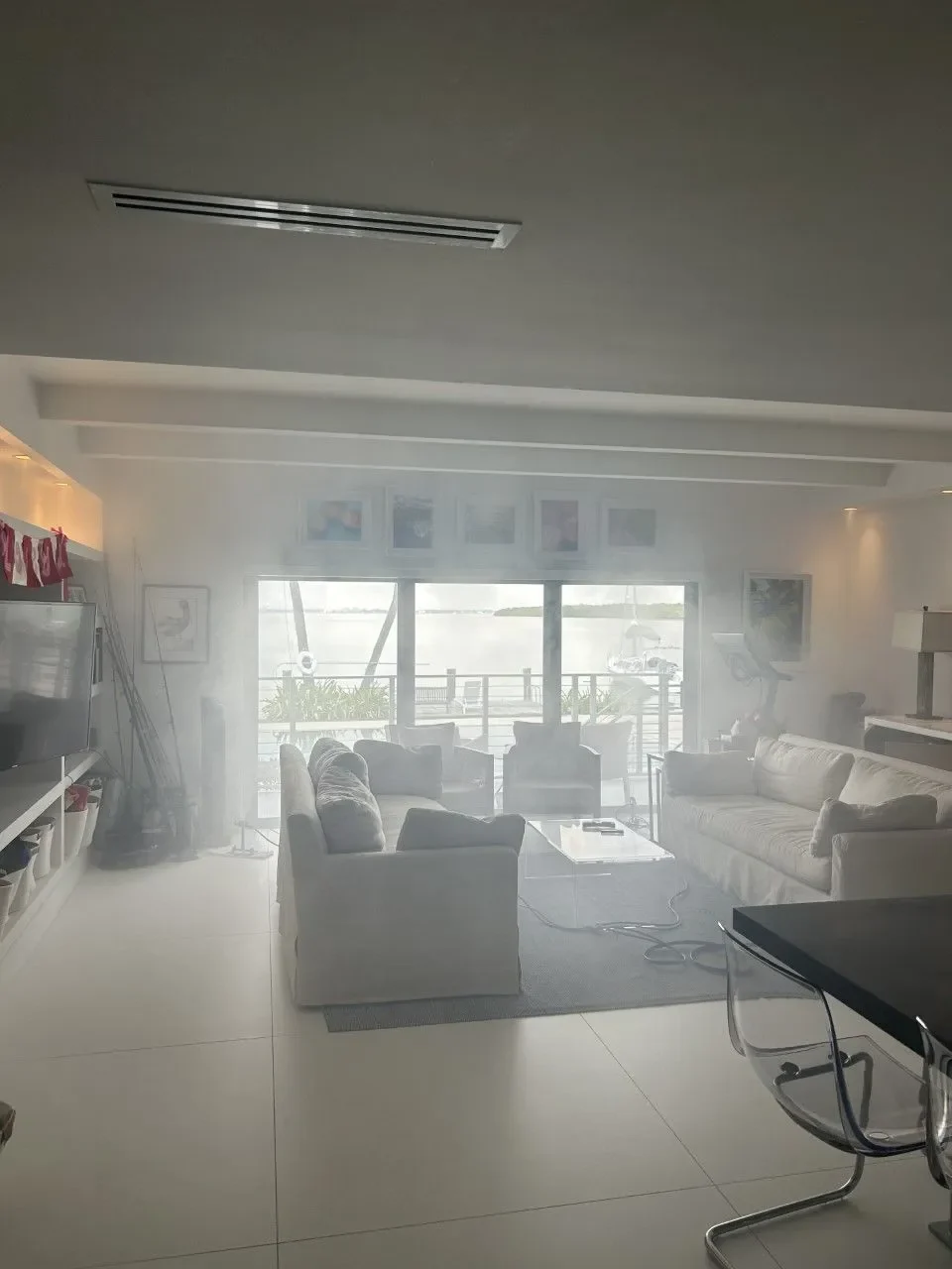 Open-plan living area during a whole-home vapor treatment