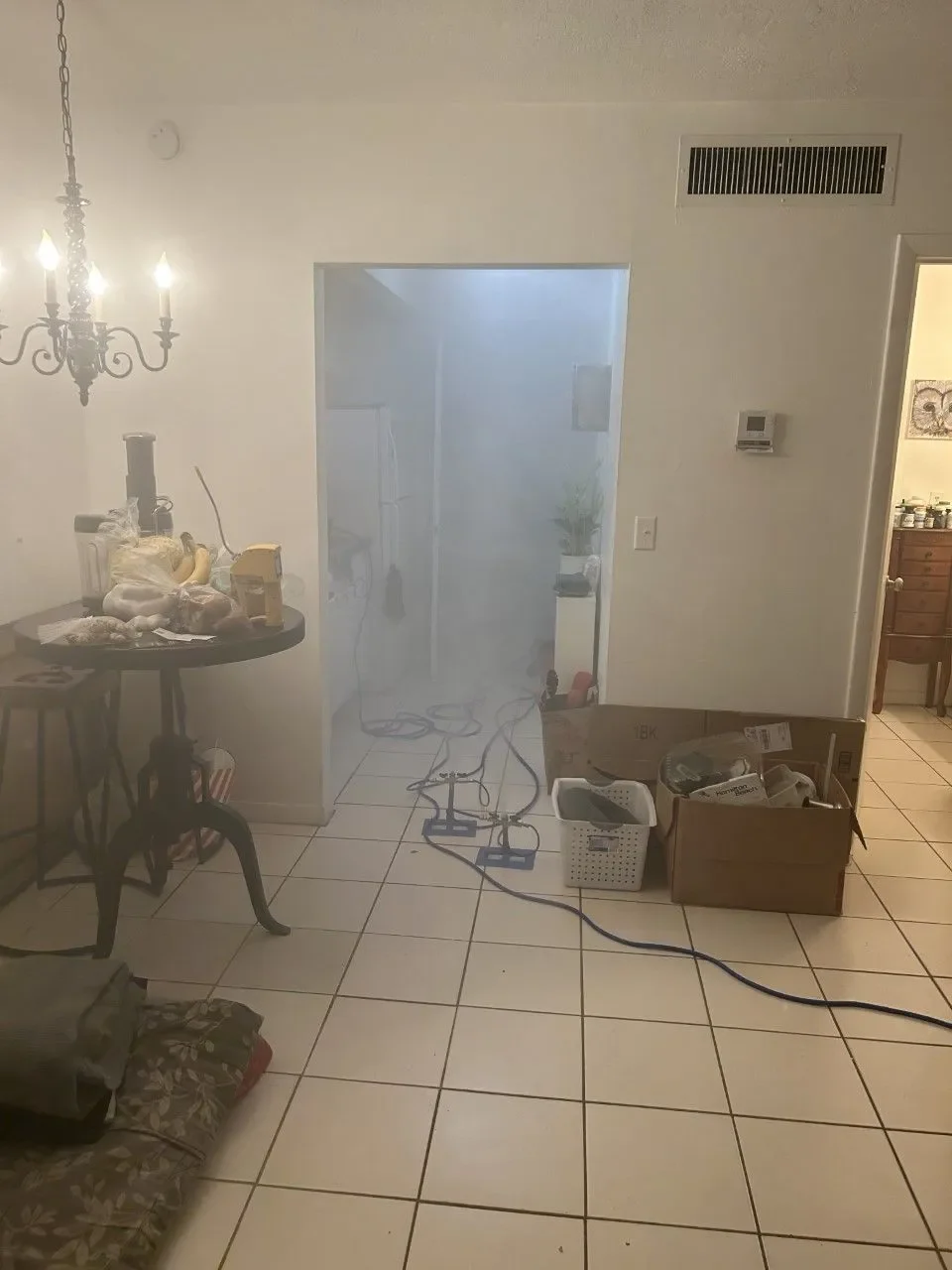 Tiled entry hall with treatment equipment and vapor